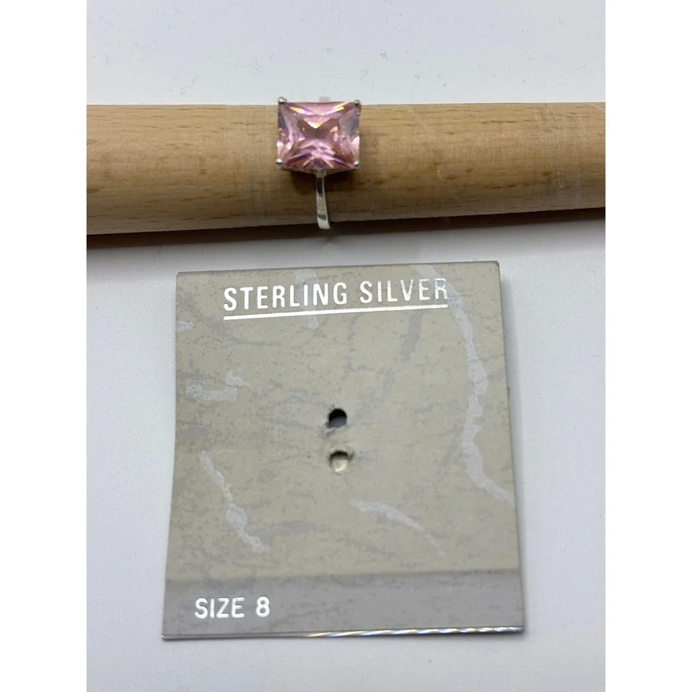 Sterling Silver Ring Womens Size 8 Pink Emerald Cut Cubic Zirconia Solitaire
